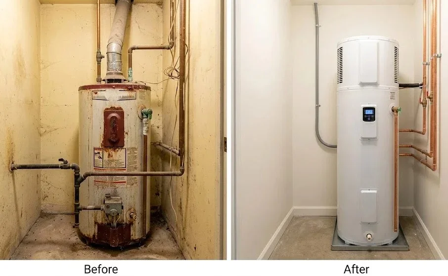 before and after of a heat water heater pump