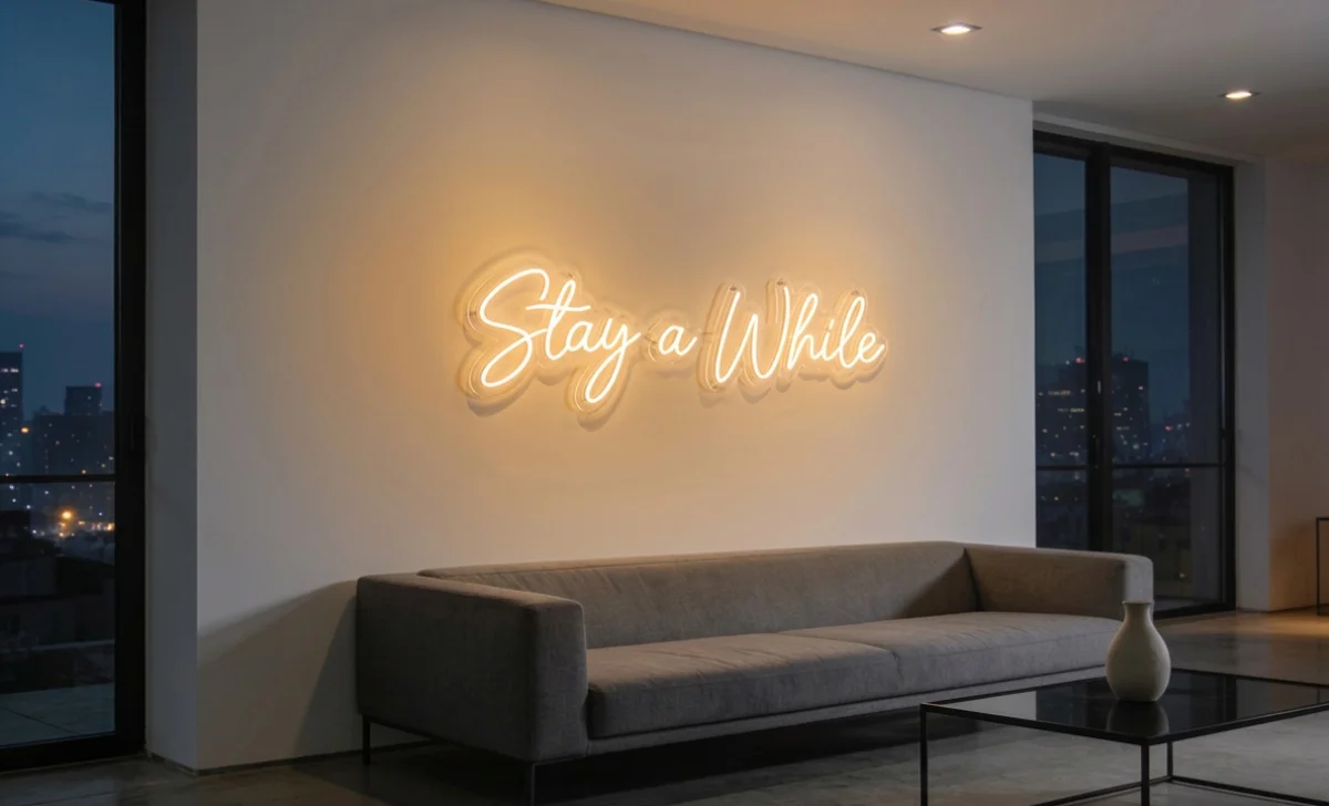 stay a while neon art on a wall