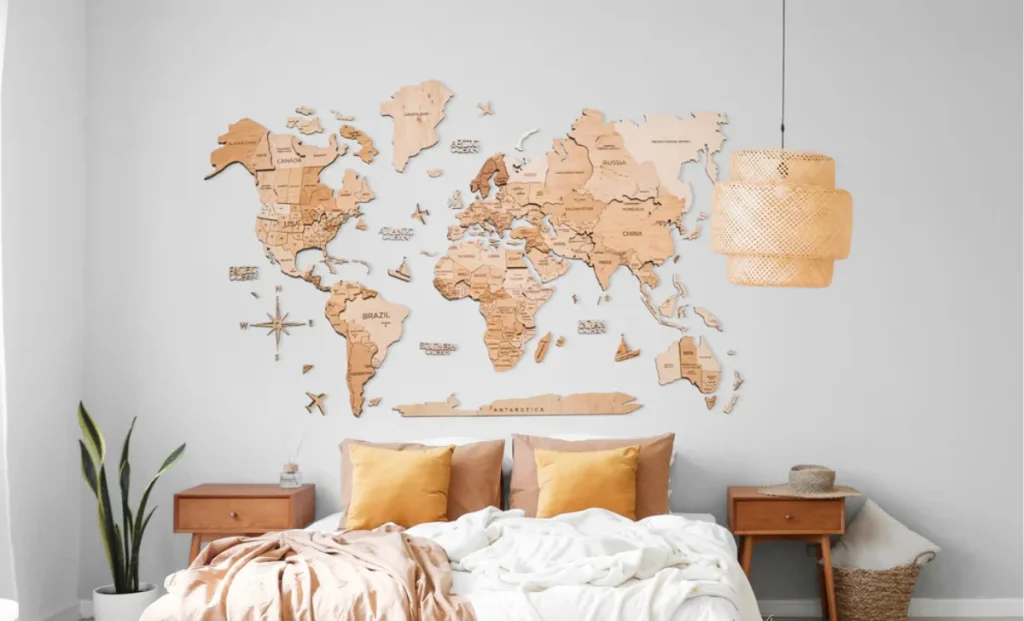 wooden world map on a wall