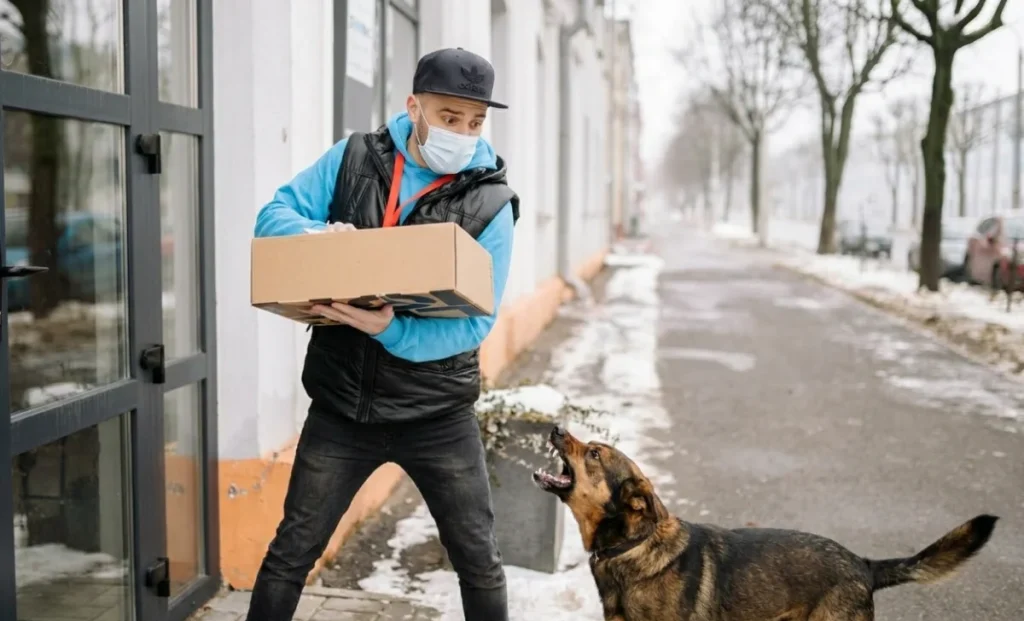 a dog barking at a delivery man
