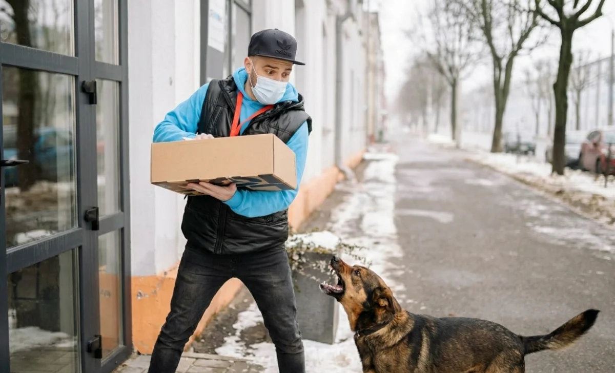 a dog barking at a delivery man