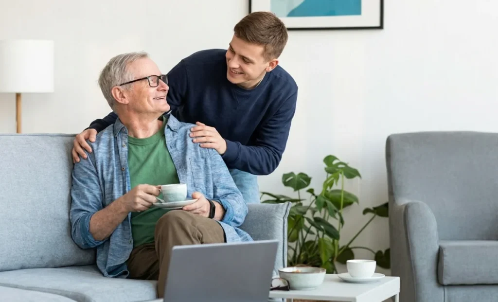 a happy old man with his boy