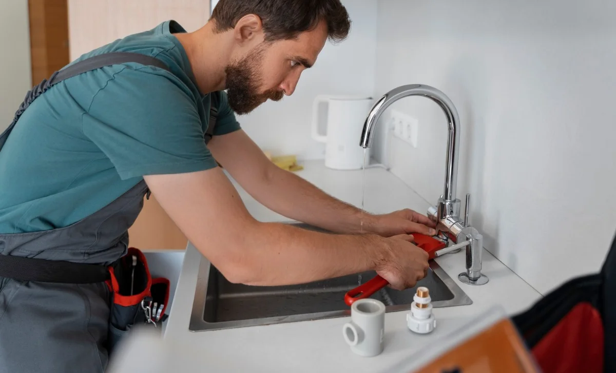a male plumber repairing sink tap