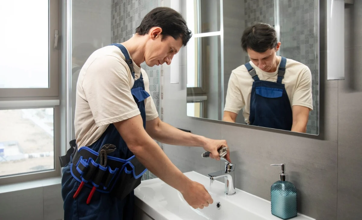 a male plumber washing his hand from sink