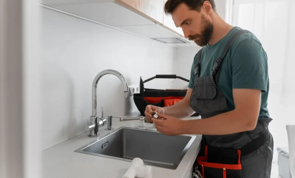 a male plumber working near sink