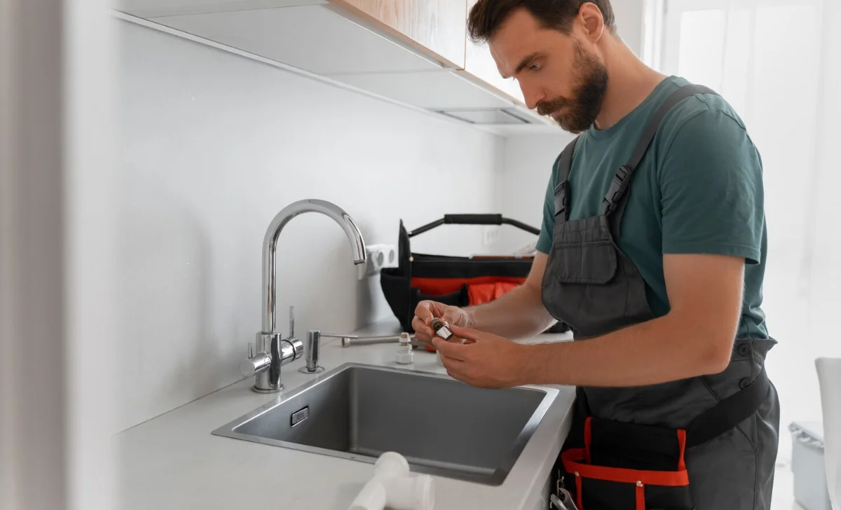 a male plumber working near sink