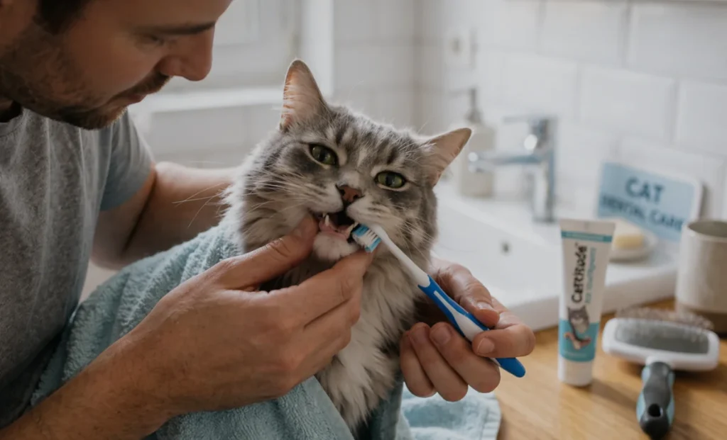 a man brushing a cat's teeth