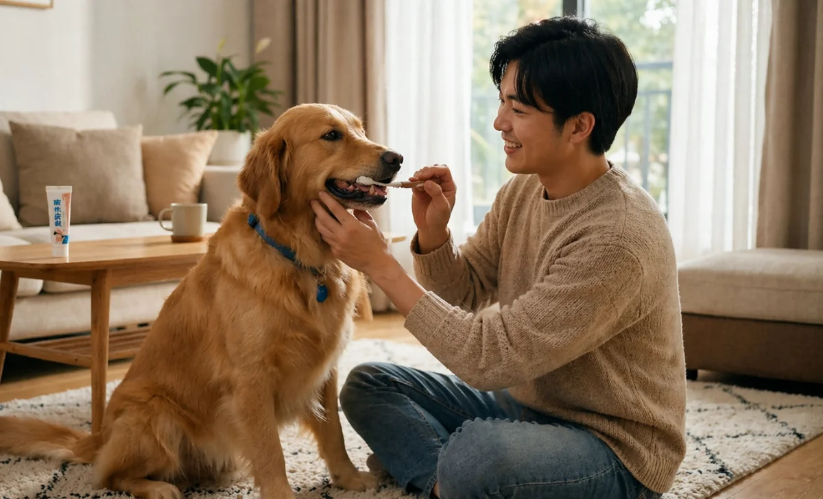 a man brushing a dog's teeth