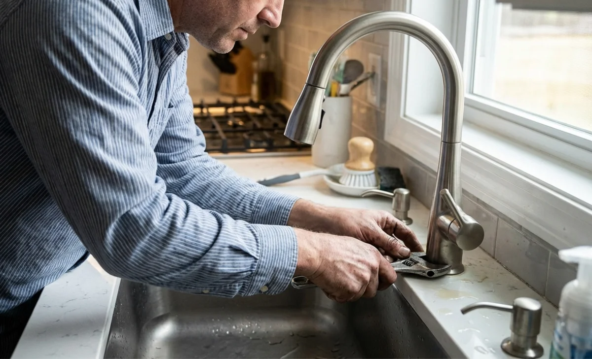 a man repairing a sink tap