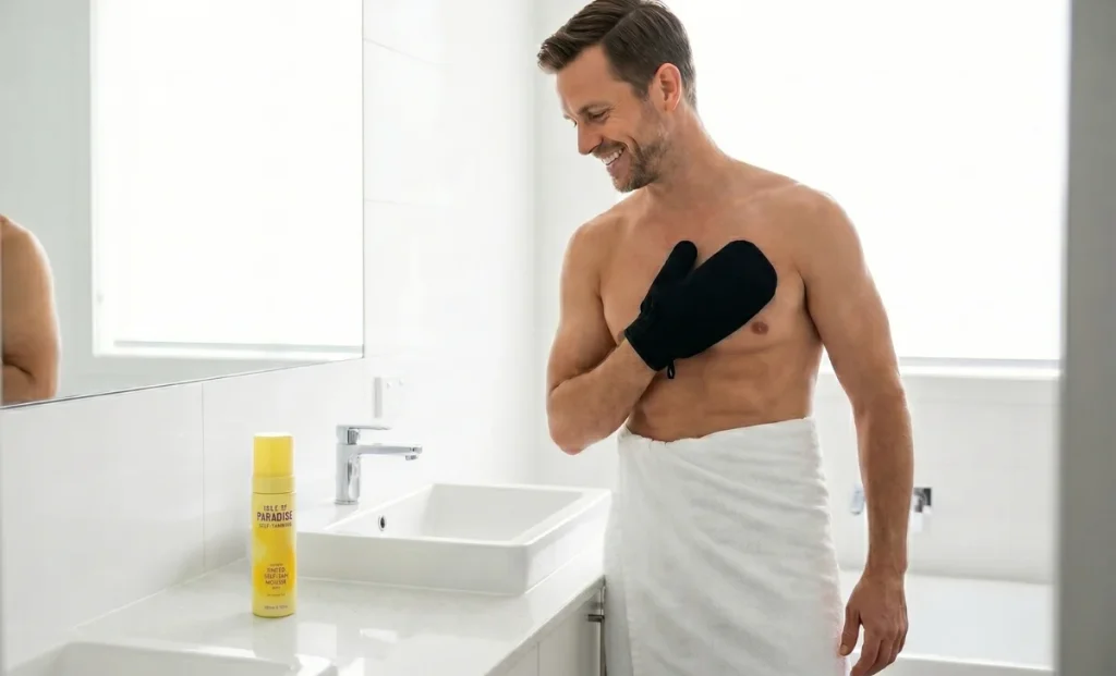a man using self tanning mousse