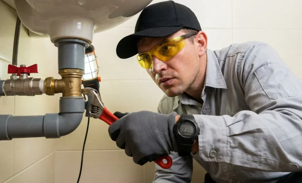 a plumber wearing a cap and working