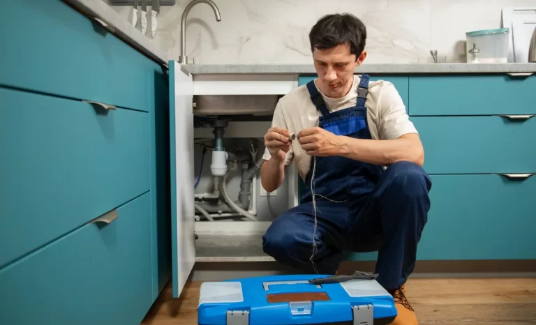 a plumber working in a kitchen