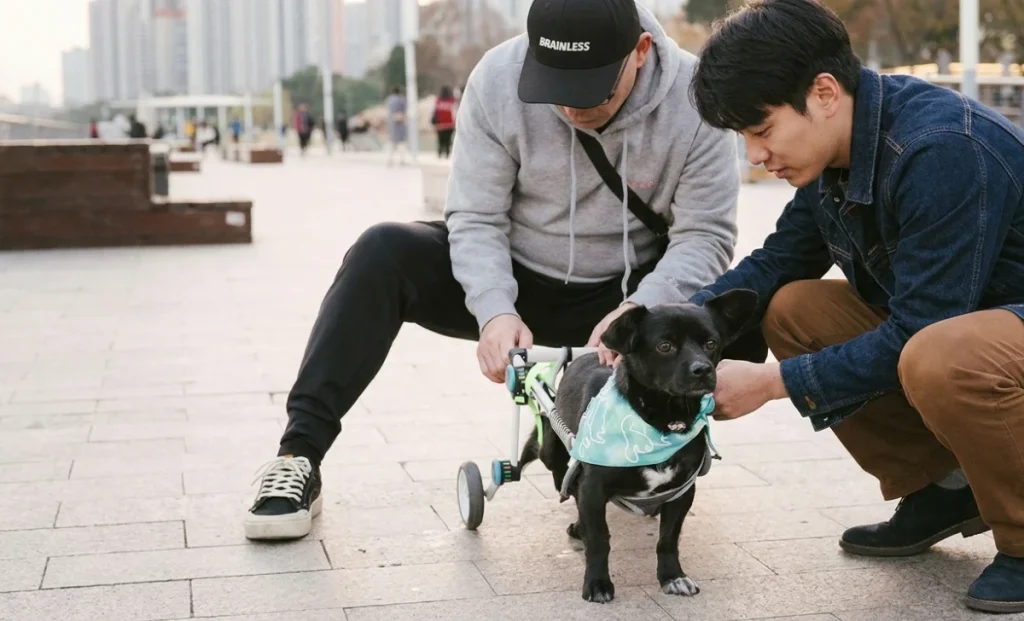 two man wearing a dog wheel chair