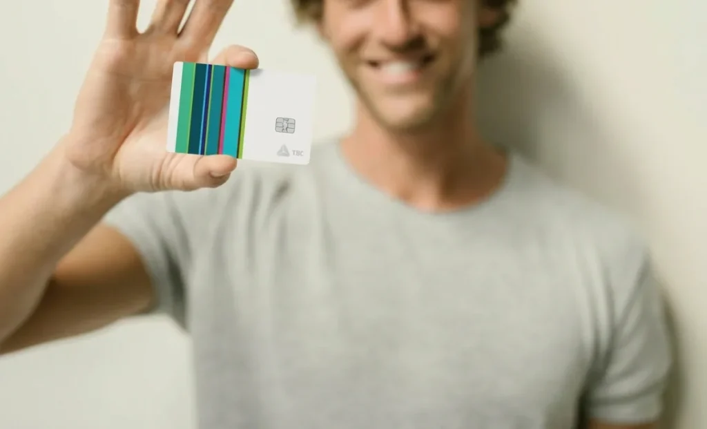 a man holding a debit card