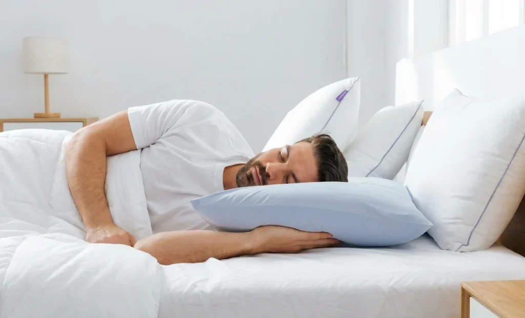 a man sleeping on a cozy pillow