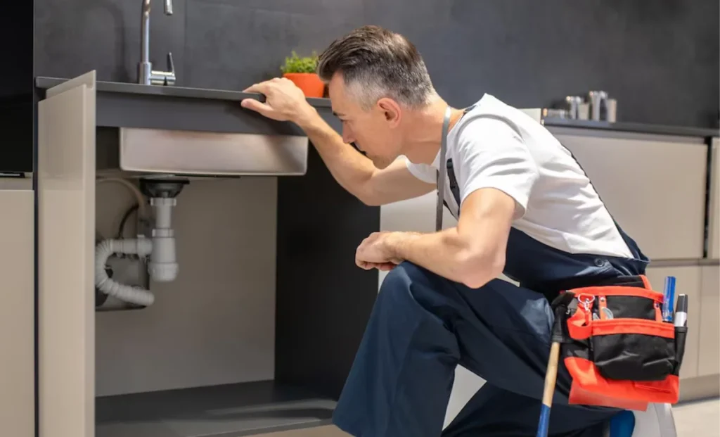 a plumber examining a sink