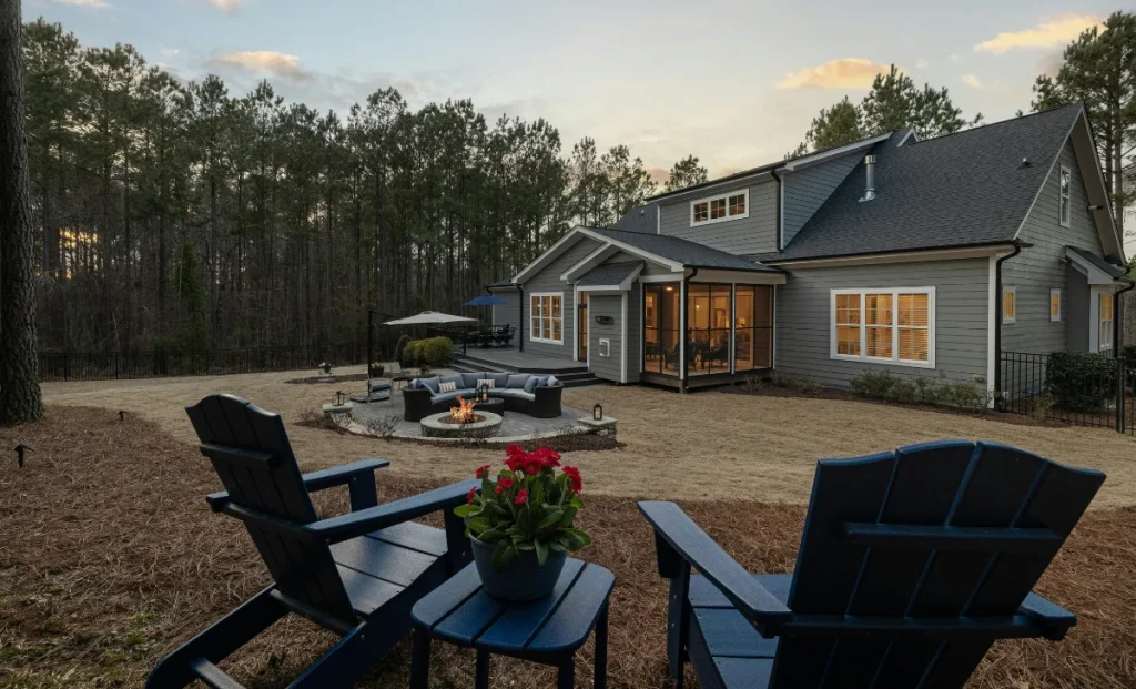 firepit outside of a modern home