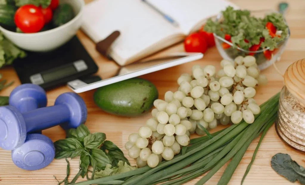 fruits with dumbbells