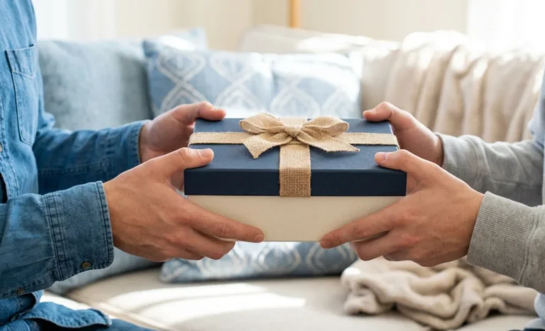 a woman giving gift to another woman