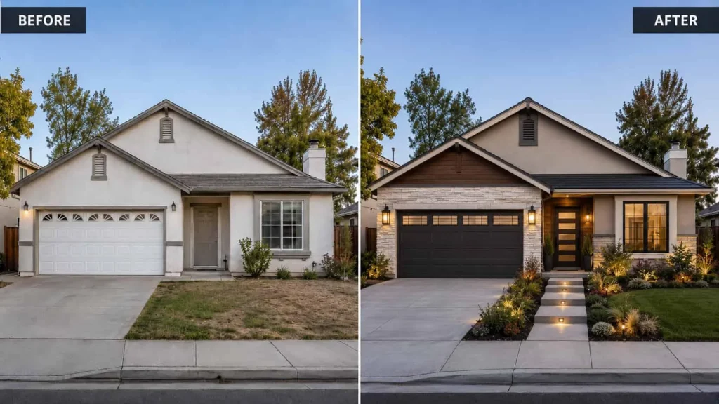 Before and after AI exterior visualization showing a simple suburban house transformed with improved facade materials, landscaping, lighting, and curb appeal.