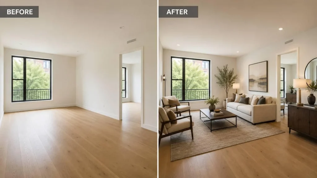 Before and after AI interior visualization showing an empty room transformed into a furnished modern living room.