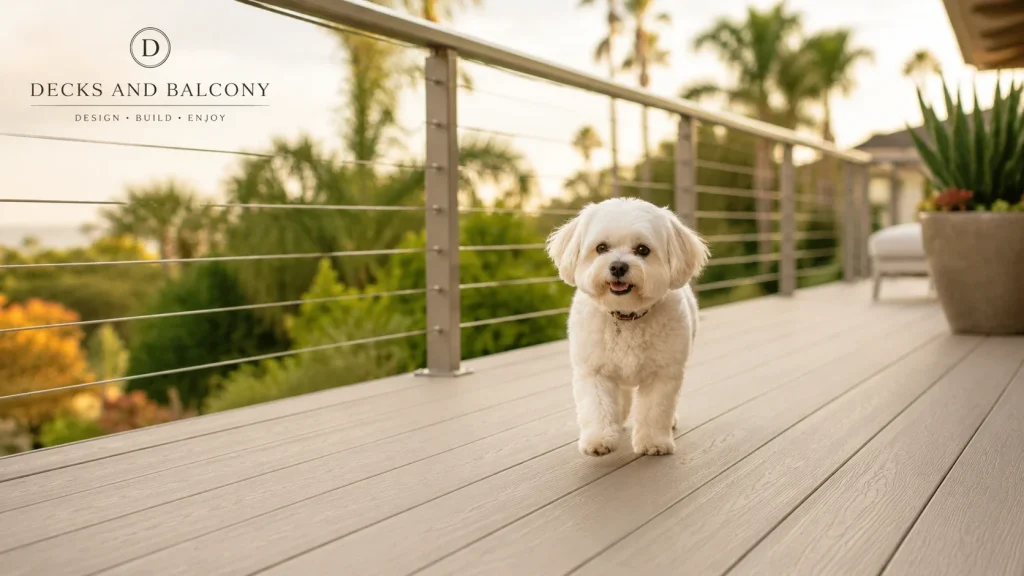 a little dog walking on deck