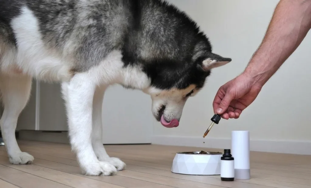 a man mixing supplement in dog food