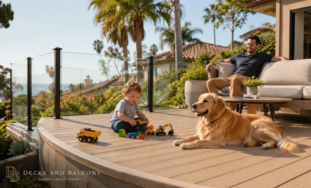 a man seeing his kid playing on a deck