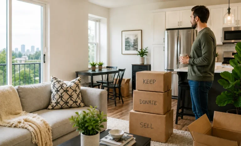 Bright, modern open-concept living room and kitchen with moving boxes, showcasing a well-organized smaller home during a downsizing move in Atlanta.