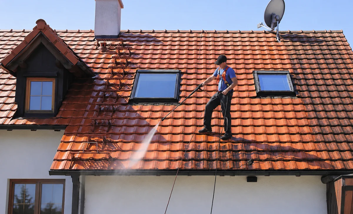 a man washing roof