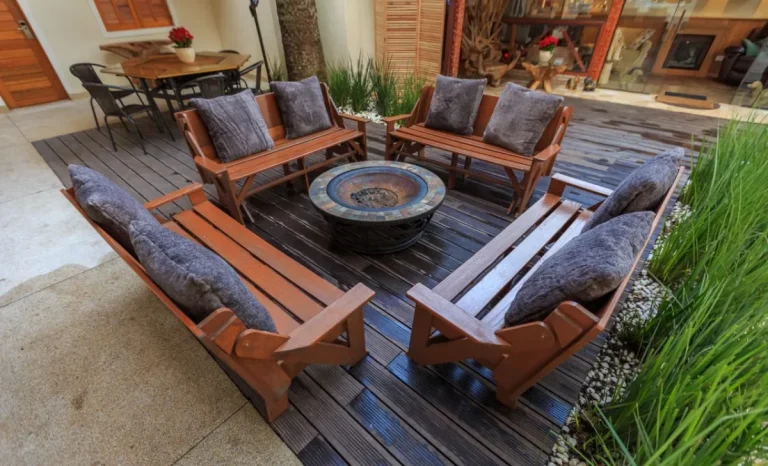 a patio with benches