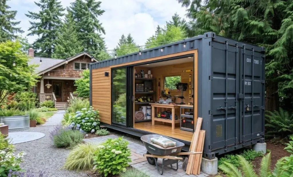 a shipping container in the backyard