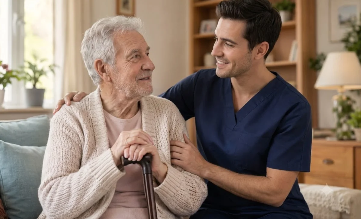 a young man giving personal care to an old man