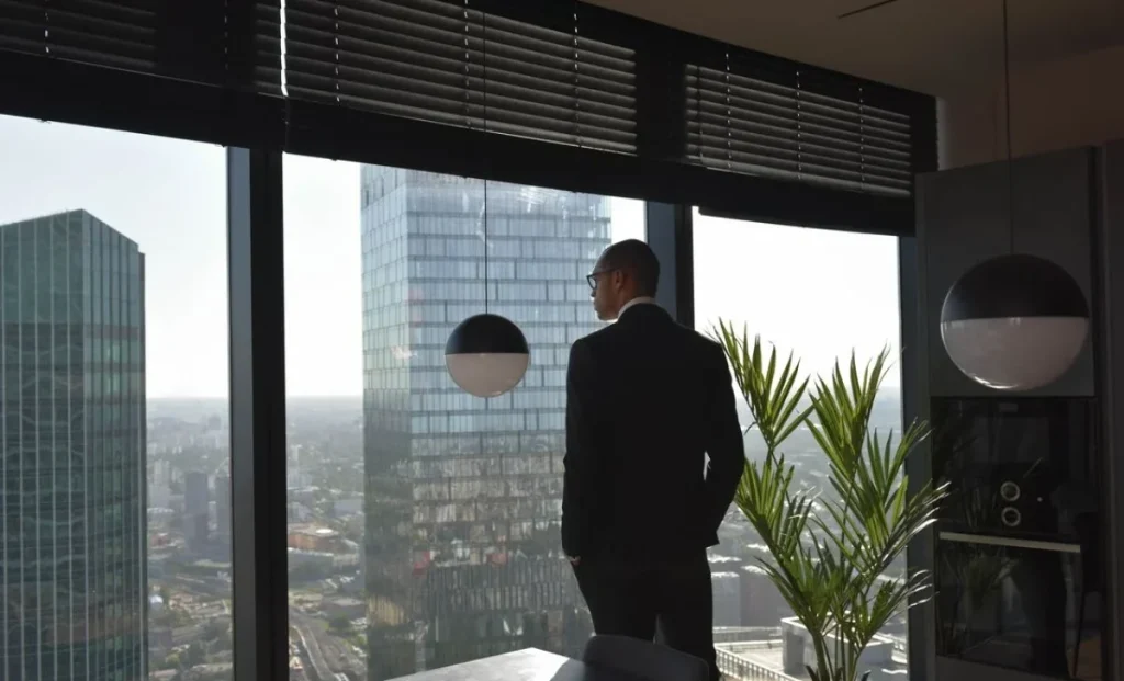 a man standing in a building with outdoor blinds