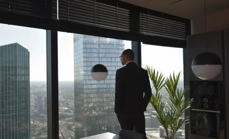 a man standing in a building with outdoor blinds