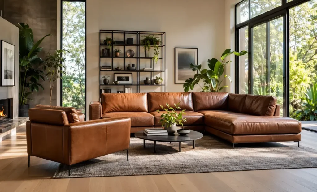 Stylish leather lounges in a modern living room