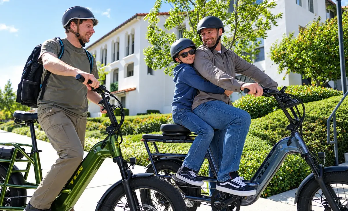 Smiling boy in a blue hoodie and helmet riding passenger on the back of an e-bike