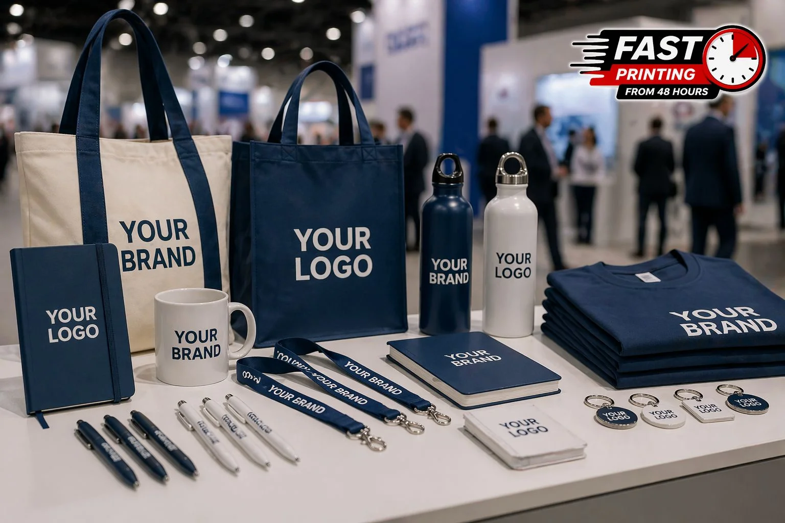 Branded promotional products including tote bags, mugs, lanyards, notebooks and pens