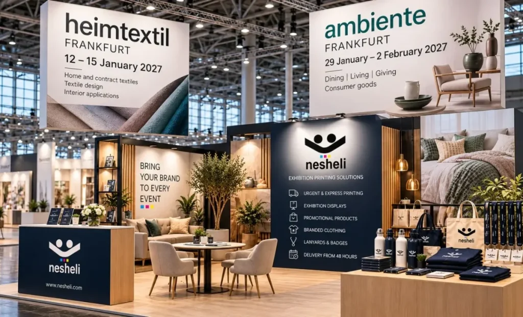 Nesheli exhibition printing booth at a Frankfurt trade fair with Heimtextil and Ambiente 2027 banners