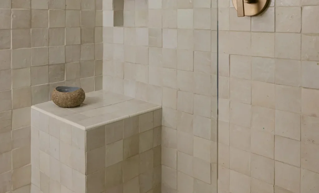 Moroccan zellige tile shower with brass fixtures and built-in niche shelves
