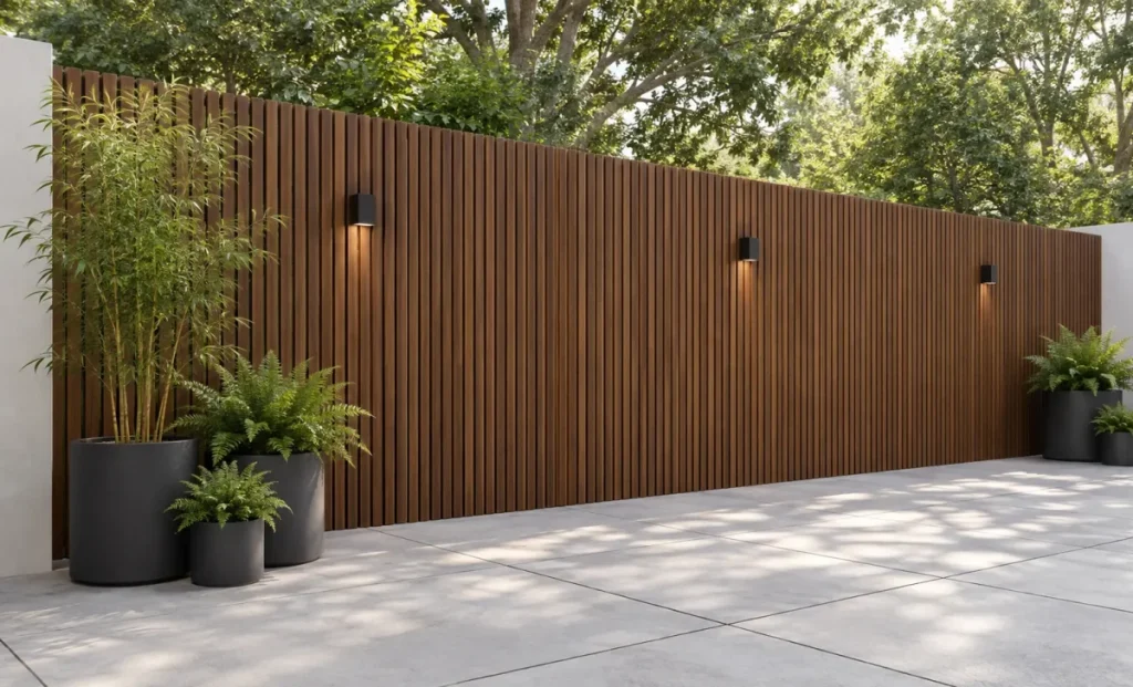 Modern composite slat wall with potted bamboo and ferns on a patio