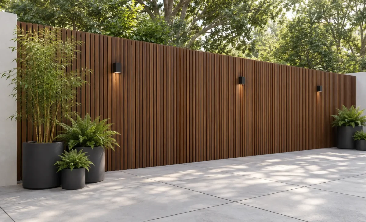 Modern composite slat wall with potted bamboo and ferns on a patio